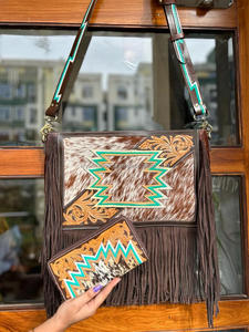 New Real Western Handcrafted Tooled Cowhide Fur Leather Handbag Women Stylish Evening Bag and Tooled Fur Clutch Unique Combo Set - Product Image 6