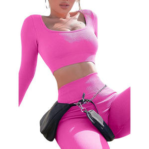 Huzafa, conjunto de Yoga de dos piezas de manga larga para mujer, ropa activa, sujetador y mallas de yoga sin costuras con patrón sólido, nuevo producto - Product Image 5