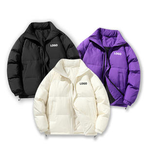 Custom Logo Winter Puffer <b>Jacket</b> Solid Color Stand Collar Zipper Closure Thick Polyester Wadding <b>Casual</b> Windproof Puffer <b>Jacket</b> - Product Image 1