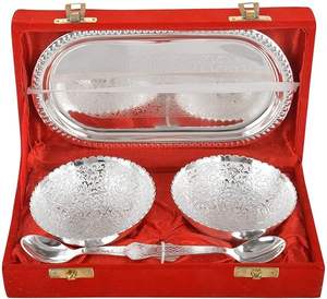 Polished German Silver Classic Bowl Set 2 Bowls 2 Spoons Capsule Tray (5-Piece) Velvet Gift <b>Box</b> for Wedding <b>Birthday</b> Festive - Product Image 3