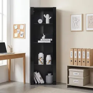 Vitrine d'exposition noire moderne en gros avec éclairage LED, étagères en verre trempé, bibliothèque haute <span class=keywords><strong>et</strong></span> étroite, vitrines lumineuses - Product Image 2