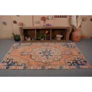 Alfombra de lana azul naranja Oriental 4,1X7,5 pies Vintage turco Patchwork tejido plano para decoración para sala de estar con respaldo de látex - Product Image 4