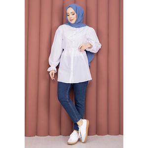 Camisa Blanca con Cordones para Mujer, con Detalle de Fisto, Tela Popelina, Top Largo Chic Casual, Talla XL, Estilo Retro Vintage para Primavera - Product Image 1