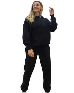 Ensemble de survêtement en molleton pour femmes noires, sweat-shirt à capuche chaud et pantalon de jogging, doux, décontracté, deux pièces, vêtements de détente pour l'hiver - Product Image 2