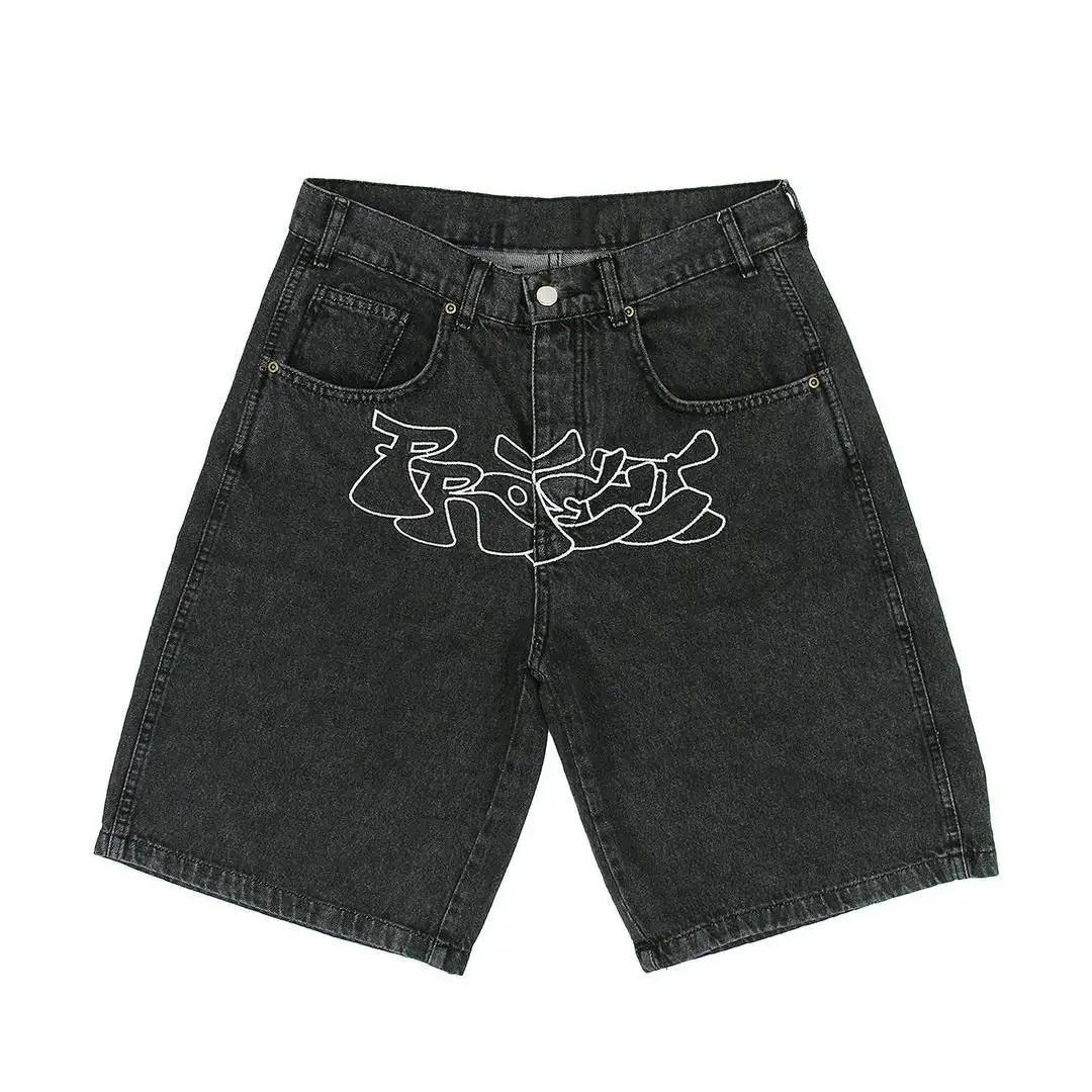 Personalizado hombres mujeres 2023 verano Streetwear Y2K bordado Hiphop pantalones cortos Punk alta calidad frente impresión Denim shorts 3D bordado