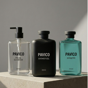 Flacon de shampooing en plastique PET carré de 350 ml de la marque Premium Pavico avec impression sérigraphique, bouchon pompe personnalisé pour hôtel, spa, service OEM - Product Image 4