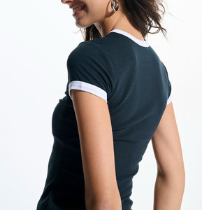 Transpirable al por mayor de encargo de las mujeres Ringer Camisetas de algodón de cuello redondo de manga corta Camisetas OEM de las mujeres Ringer Camisetas - Product Image 3