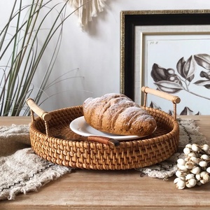 Woven Serving Tray Rattan Round Tray, <b>Wicker</b> Serving <b>Basket</b> <b>With</b> Wooden <b>Handles</b> High Quality - Product Image 2