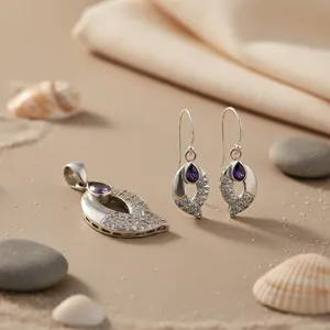 925 Silver Gemstone Pendant Earrings <b>Set</b> for Women Trendy Vintage Religious for Party Wedding Engagement Gift Diamonds <b>Pearls</b> - Product Image 1