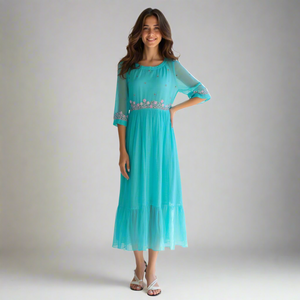 Vestido Midi Étnico con Bordado Artesanal, Corte en A, Translúcido, Talla XS, Tejido a Crochet, Corte Natural, Elegante y Casual para Damas, para el Día - Product Image 1