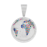 Pendentif Breloque Hip Hop Globe Terrestre Multicolore en Laiton Plaqué Or 18K avec Zircons Sertis