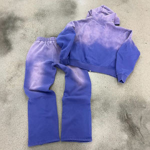 Personalizado de los hombres Vintage Heavyweight Rips Screen Print Logo Sudadera con capucha Jogger Set Legging Chándales Tallas grandes Unisex Ropa Sólido - Product Image 5