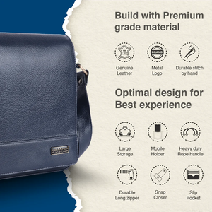 Blue Leather <b>Laptop</b> <b>Sling</b> <b>Bag</b> 21.5cm X 6.5cm X 29cm Made in India - Product Image 1