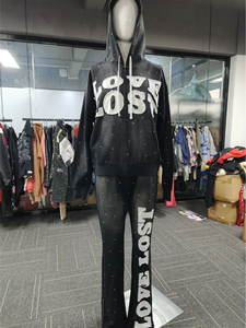 Parche bordado OEM 100% chándales de algodón Sudadera con capucha y pantalones de chándal Traje de sudor bordado de retales de dos piezas Servicio OEM - Product Image 5