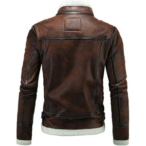Veste d'hiver en simili cuir pour homme au design classique, veste bomber en daim marron sur mesure, col montant en peau de mouton - Product Image 2