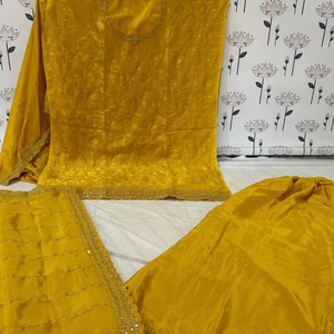 Superbe crêpe traditionnelle indienne en soie Salwar Kameez Heavy Blooming Chinon Gharara Séquence Travail entièrement cousu Palazzo Indian - Product Image 1