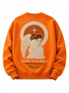 Sweat-shirt unisexe orange à col rond, imprimé floqué, logo feuille appliqué, pull décontracté, vêtement d'automne, coupe classique, en molleton tricoté - Product Image 2