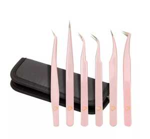 Pinces à épiler professionnelles pour extensions de cils, rose pâle, 90 degrés, bout fin, 45 degrés, longues, isolation, antistatiques, précision, 10 mm - Product Image 1