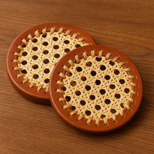 High Quality <b>Table</b> <b>Coaster</b> Customize PU Leather & Natural Vietnam's Rattan Thickened Cup Mat Leather <b>Coasters</b> Customization - Product Image 1