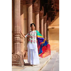 Ensemble Kurta pour femme en coton rose avec dupatta Lehariya multicolore - Product Image 4