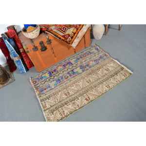 Alfombra Turca Pequeña de 2.6x3.8 pies (79x115 cm), Alfombra Vintage Azul Sólida - Product Image 2