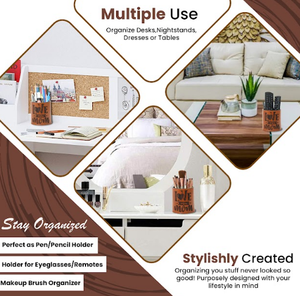 Organisateur de bureau multifonction Porte-crayon en cuir véritable avec pinceaux de maquillage de couleur TAN - Product Image 4