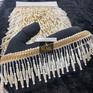 Perles brillantes de qualité supérieure, faites à la main, en forme de grappe, de couleur beige royal, avec franges tombantes, dentelle à suspendre pour robe de mariée, lehenga, sari, etc. - Product Image 2