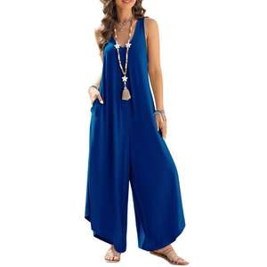Women Summer Jumpsuit Loose Sleeveless Solid Colour Wide Leg V Neck Pockets Deep Soft Irregular Length Vacation <b>Long</b> Jumpsuit - Product Image 5