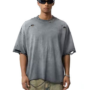 T-shirt rétro surdimensionné personnalisé pour hommes t-shirt vintage en détresse déchiré t-shirts vierges 300 grammes - Product Image 1