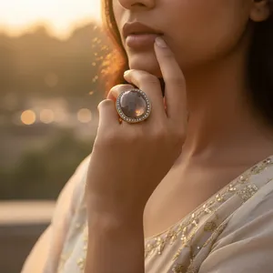 14K Gold Plated Luxury <b>Ring</b> with Brown Gemstone and Diamond Halo <b>Dainty</b> Style Vermeil Rhodium Inlay Setting Purity Jewelry - Product Image 3