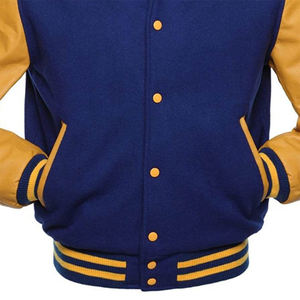 Chaqueta de Hombre Azul Rey, Mezcla de Lana, Mangas Estilo Cuero Amarillo Mostaza, Ribete Acanalado a Rayas, Cierre de Botones a Presión, Ropa Urbana de Moda - Product Image 4