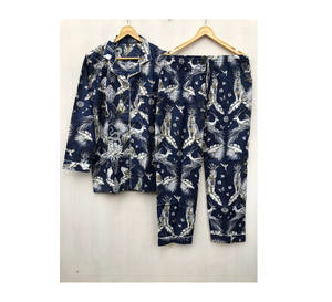 Ensemble de pyjamas en pur coton imprimé oiseau Vêtements de nuit d'été Coton indien doux avec motif floral pour cadeau Elle - Product Image 1