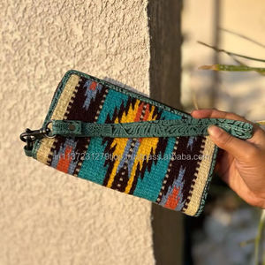 New Arrival Western Aztec Fabric <b>Leather</b> Hand Clutch <b>Women</b> Multi Color Purses Unique Aztec Quilted <b>Leather</b> Wristlet <b>Wallets</b> - Product Image 2