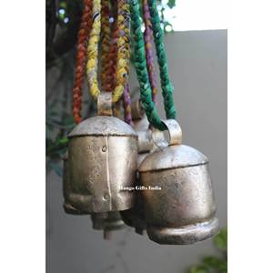 Shabby Chic Rustic Vintage Antique Tin Cow Bells Set of 6 Decorative Hanging Bells with Braided Sari Fabric Handle <b>Music</b> <b>Boxes</b> - Product Image 3
