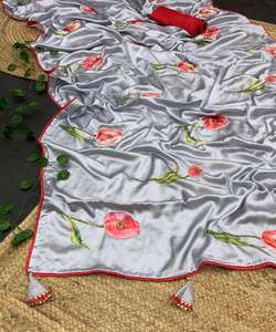 Nouveau Festival attrayant porter Satin numérique imprimé Saree avec chemisier pièce femmes indiennes portent Sari bas prix en gros Surat vêtement - Product Image 4