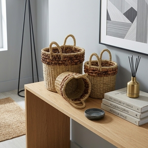 Natural Water Hyacinth Recycled <b>Plastic</b> Storage <b>Basket</b> Set Brown Beaded Rim Arch Handle Pot Planter Setup Pure Art Design - Product Image 4