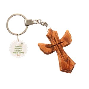 Handmade Eco-Friendly Olive Wood Light Cross Angel Keychain Christian Religious Gift <b>Key</b> <b>Ring</b> Made in Bethlehem - Product Image 1