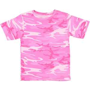 Camiseta Youth Pink Woodland Camo | Cuello redondo de algodón 100% | Camiseta de camuflaje de manga corta | Camisa duradera y transpirable para exteriores - Product Image 1