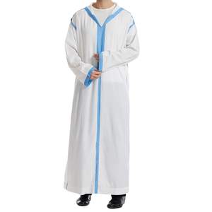 Light White Blue V Neck <b>Men</b> Muslim <b>Thobe</b> Long Sleeve Arabic Kandura Dishdasha Casual Islamic Jubba Prayer Clothing Robe - Product Image 4