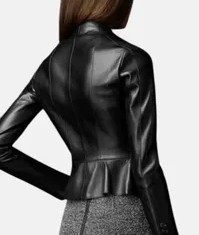 Veste de moto en cuir noir pour femme, coupe ajustée, fermeture éclair, cuir d'agneau souple, vêtement de bureau formel, élégant, haut d'hiver en coton - Product Image 5