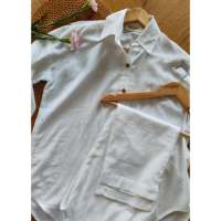 Ensemble coordonné d'été pour femme en tissu Oxford uni, blazer en coton et lin à manches trois-quarts, poches, bande avant, haut court élastique à l'arrière