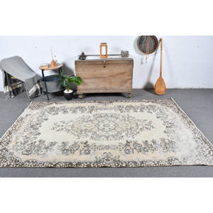 Vintage Turkish Wool <b>Rug</b> Handmade 5.2 X 8.6ft Rectangular Patchwork Design Beige Brown Large Area for <b>Hallway</b> Living Room Decor - Product Image 1