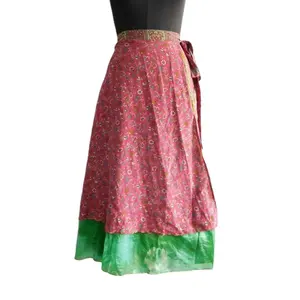 女式波西米亚嬉皮士多穿真丝纱丽裙2层魔术可逆复古印花长肚皮舞裙