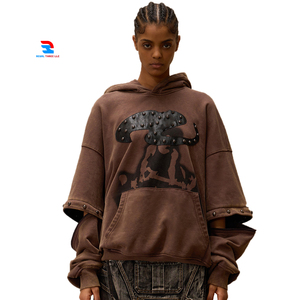 Oversize desmontable lavado a la piedra Invierno Polar transpirable a prueba de viento Sudadera con capucha mujeres gota hombro extraíble capucha ácido lavado sol desteñido - Product Image 1