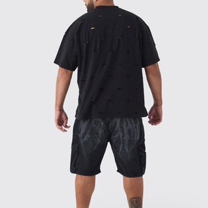 Camisetas de hombre de cuerpo completo con efecto desgastado, cuello acanalado, estilo urbano, lisas, con lavado ácido y efecto desgastado, sin estampado. - Product Image 2