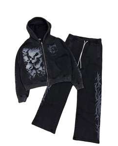 Pantalon de survêtement évasé pour homme, style streetwear hiver, délavé à l'acide, imprimé strass, logo vieilli, effet soleil, personnalisé, 100% coton - Product Image 1