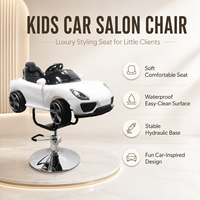 Chaise de barbier pour enfants en forme de voiture de sport blanche, chaise de salon hydraulique avec base ronde chromée, siège en forme de volant pour salon de coiffure pour enfants