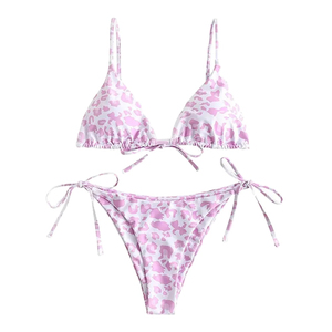 Ensemble de bikini rose à imprimé léopard pour femme, haut triangle, bas à nouer sur les côtés, maillot de bain 2 pièces en spandex et polyester extensible, maillot de bain tendance - Product Image 3