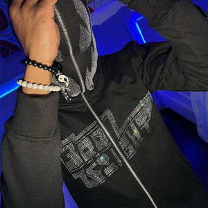 Rhine Stone Y2k Vêtements personnalisés 100% coton Logo Full Zip Up Face Heavyweight String Skull Rhinestone Sweats à capuche pour hommes - Product Image 3