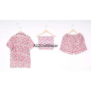 Ensemble de pyjama court pour femmes à motif floral imprimé à la main 100% coton pur Doux respirant Séchage rapide Cordon de serrage - Product Image 5